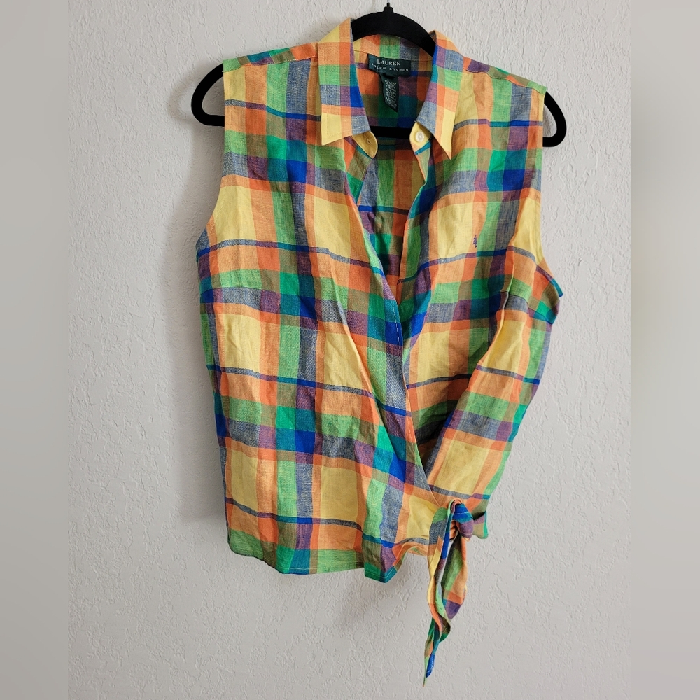 Lauren Ralph Lauren 100% linen wrap top plaid | size 16